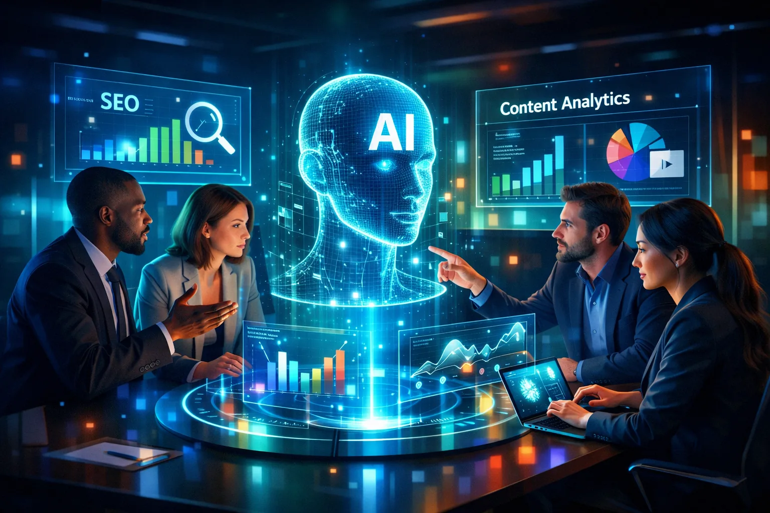 SEOContent.ai team working on AI content generation technology